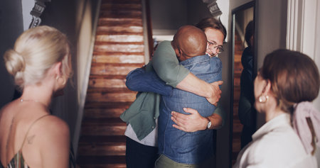 Hug, love and friends meeting at a reunion, home support and social celebration at a housewarming....