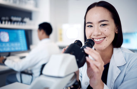 Laboratory scientist, face or microscope in medical research, healthcare medicine study or Japanese...