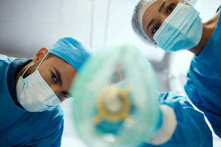 Health, surgeon and anesthesia, doctors and surgery with medical and cardiovascular healthcare, face...