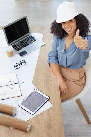 Thumbs up, portrait and success architecture woman on laptop, project planning and engineering...