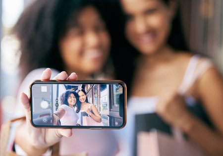 Selfie, friends and women with smartphone, screen and summer to relax, shopping bags and purchase...