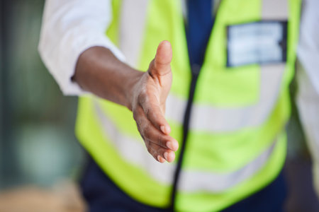 Black man, architect and handshake for b2b, partnership or meeting for introduction at the...