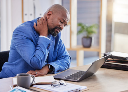 Black man , stress and tired burnout with neck pain in the office due to bad posture and...