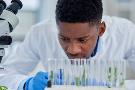 Just keep growing. a focused young male scientist observing plant based test samples in vials while being seated inside of a laboratory during the day.の写真素材