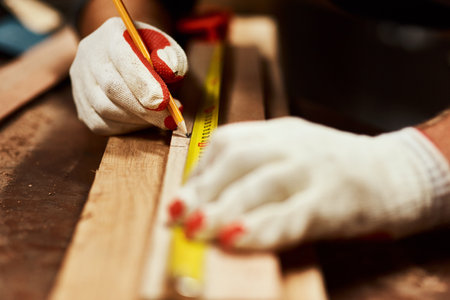 Just a little mark here. Closeup of an unrecognizable male carpenter doing measurements on a piece of wood inside of a workshop at night.の写真素材