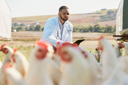 Healthcare, chicken and farm with a vet man using a tablet for research, free range poultry or...