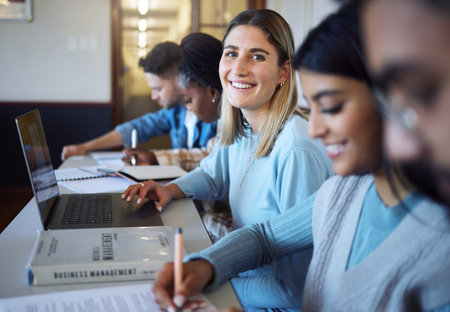 University, education and students in lecture learning and studying business management. College,...