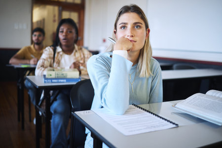 University woman, education class and lecture listening with a student ready to take notes for exam....
