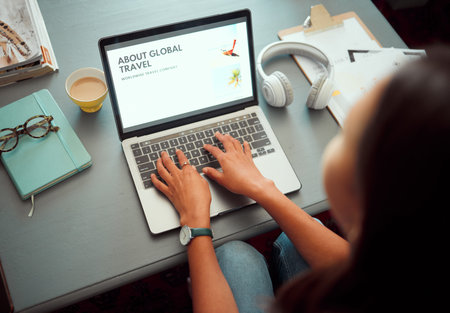Travel agency planning and website with woman on laptop for schedule, vacation and internet....