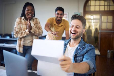 Happy students, university and reading results, document and letter with success for exam, test...