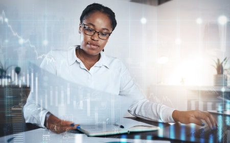 Stock trading, hologram and black woman with finance documents for review, report and data analytics. Futuristic, cryptocurrency and female worker with digital graph, notebook and planning in fintechの写真素材