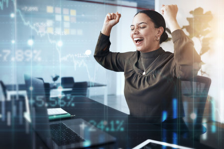 Success, woman and stock market trading, celebration and winner of digital forex, economy growth or financial deal. Happy trader, laptop and celebrate finance investment, crypto sale and fintech dataの写真素材