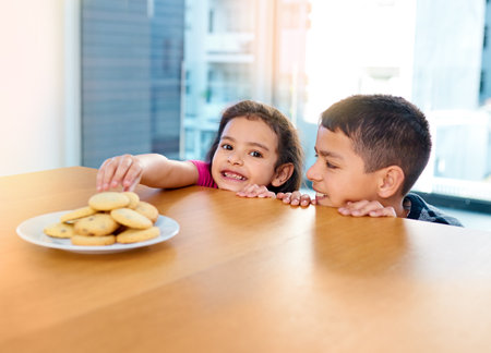 Shes got naughty little fingers. two mischievous young children stealing cookies on the kitchen table at home.の写真素材