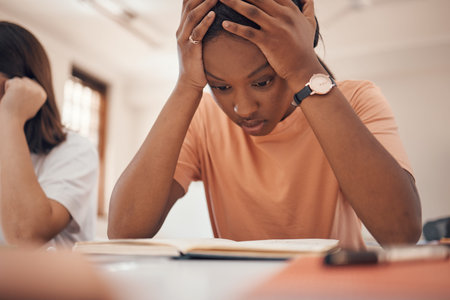 Exam stress, studying and student reading, classroom learning and headache from education. Anxiety,...