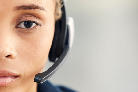 Closeup, face or woman in call center, crm professional or customer service with focus, vision or...