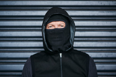The face of a criminal. Portrait of a male burglar posing against a dark background.