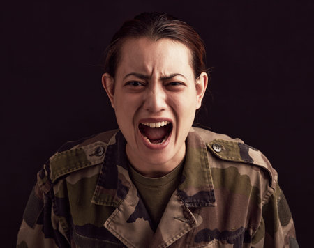 Trauma, scream and woman soldier with ptsd, military depression and mental health problem on black...