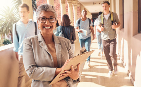 Education clipboard, students and portrait of teacher happy on college campus for coaching, teaching and learning. Knowledge study, high school principal or university professor with daily checklistの写真素材
