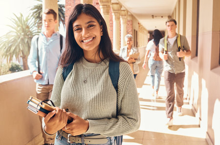 University student, indian woman and portrait at campus outdoor with books of learning, education or...