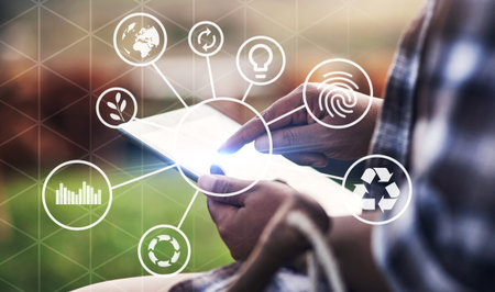 Hologram, hands and tablet for recycle, icons or notification for agriculture, global change or online digital communication. Alert, closeup or future for sustainability, growth or futuristic farmingの写真素材
