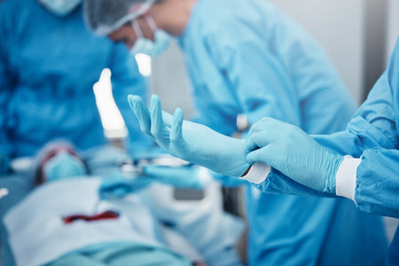 Hospital, surgery and doctors in team with gloves, ppe and safety to help patient on bed with stomach cancer. Doctor teamwork group, medical operation and lifesaving collaboration for healthcareの写真素材