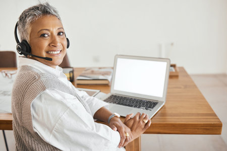 Mature business woman, laptop or call center headset in home office, telemarketing company or b2b...