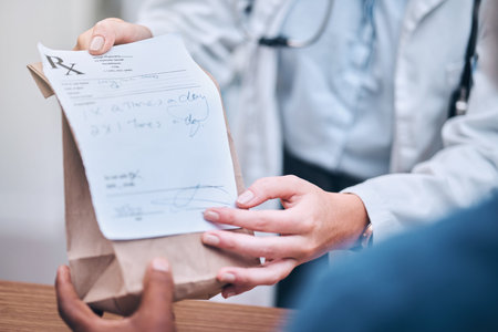 Pharmacy, prescription and hands for medication with doctor, patient or shopping for healthcare...