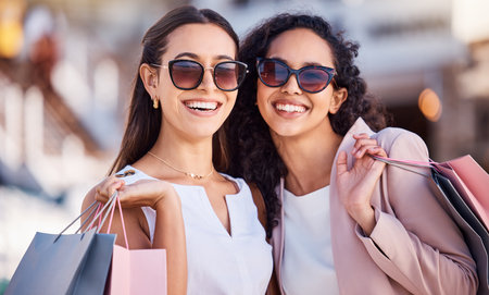 Happy, shopping bag or friends with luxury fashion in a city for clothing products on sale deals or discount offers. Paris, smile or excited women walking on a fun girls trip on holiday vacationの写真素材