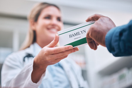 Pharmacist woman, pills and customer hands with patient, box and healthcare in medicine store. Retail health, pharmacy and medical product for wellness, health and customer service for help in shopの写真素材