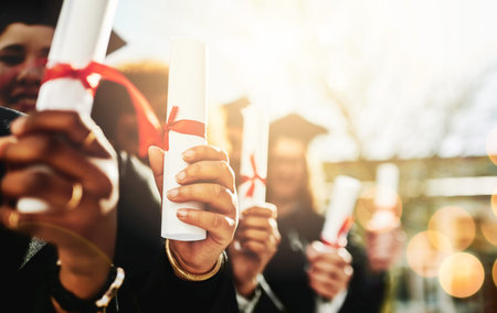 We have bragging rights. a group of students holding their diplomas on graduation day.