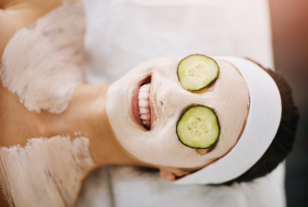 Because who likes puffy eyes. an attractive young woman getting a facial at a beauty spa.の写真素材