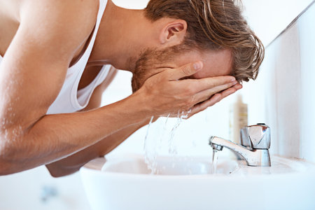 Time to wake up with a splash. a young man washing his face at a basin in the bathroom.の写真素材