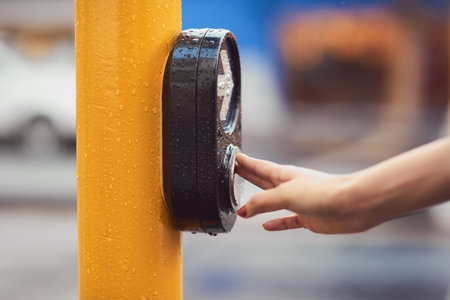 Push for a pedestrians right of way. Closeup shot of a woman pressing a button at a cross walk.の写真素材