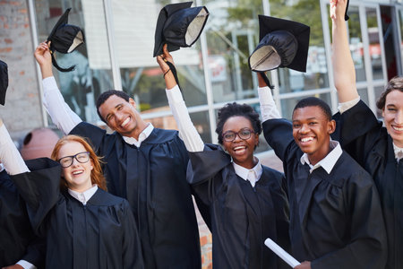 This is a day to be remembered. Portrait of a happy group of students standing outside on their graduation day.の写真素材