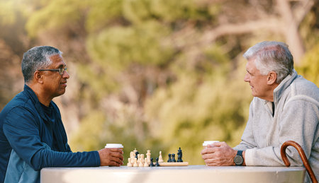 Chess, nature and retirement with senior friends playing a boardgame while bonding outdoor during...
