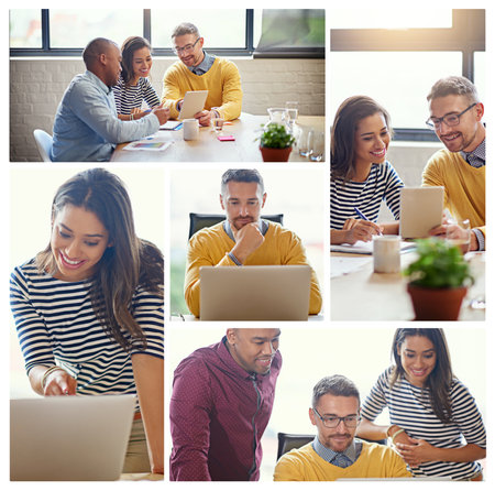Working on something big. Composite image of creative businesspeople working in the office.の写真素材