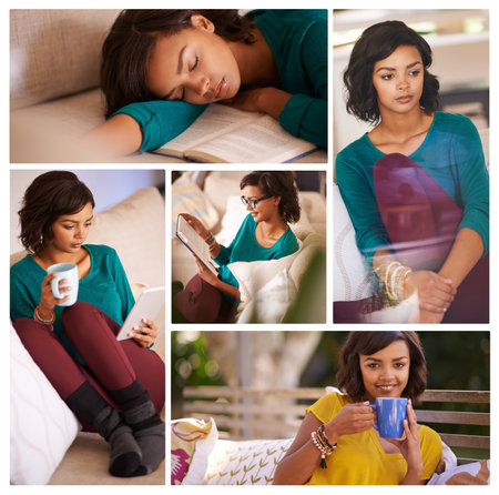 Today shes just chilling. Composite image of an attractive young woman relaxing at home.の写真素材