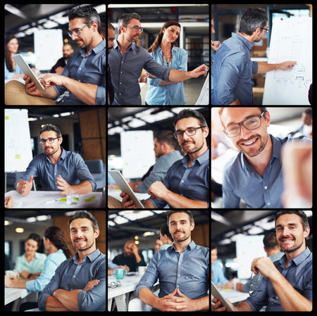 Different aspects of teamwork. Composite image of businesspeople in the office.の写真素材