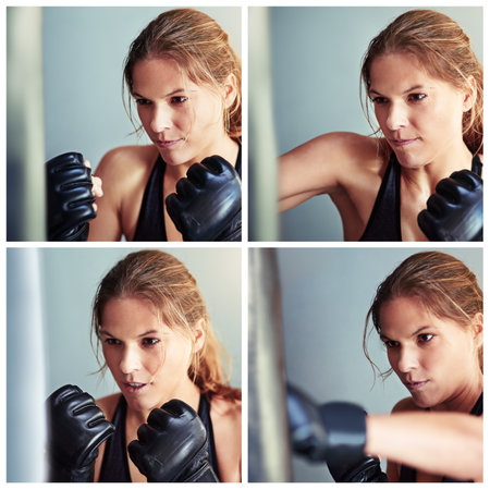 Throwing flowing punches. Composite image of a female boxer working out with a punching bag.の写真素材