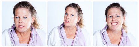 Three faces of me. Composite shot of the many expressions of people.の写真素材