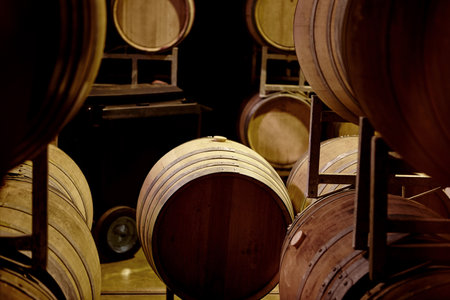 Ready for distribution. a wine barrels in a storehouse.の写真素材