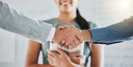 Teamwork, collaboration and business people handshake for partnership, b2b or hiring contract....