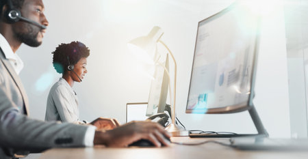 Customer support team, communication and computer consultant on telecom microphone, CRM software or...
