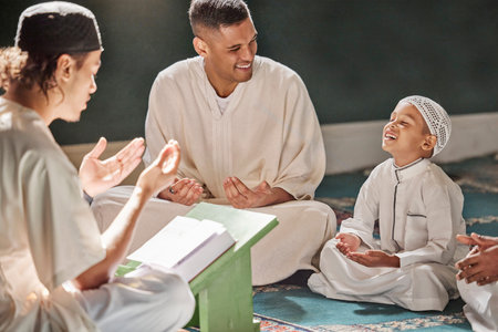 Muslim child, mosque and quran with teacher for spiritual learning, development or growth on carpet....