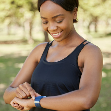 Fitness, watch and runner with a sports black woman in the park for cardio exercise or endurance fitness. Health, app and training with a female athlete tracking her run or progress on a smartwatchの写真素材