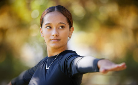 Balance, fitness yoga and woman in nature for exercise, body freedom and zen with a workout in...