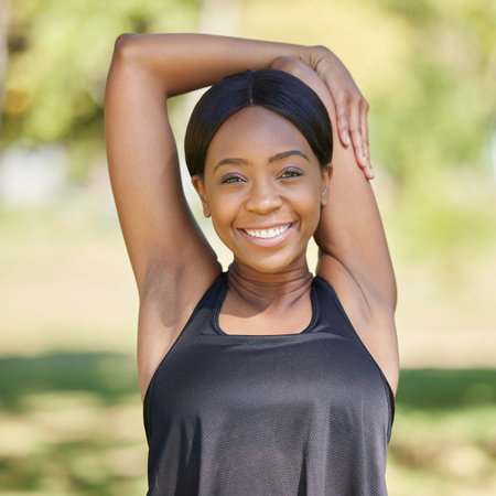Black woman portrait, fitness and stretching arms in nature park for healthcare wellness, relax...
