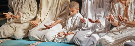 Muslim pray, child or men learning to worship Allah in holy temple or mosque with gratitude as a...
