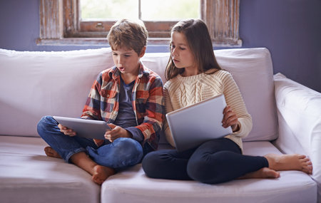 Modern youth. a young brother and sister using their digital tablets.