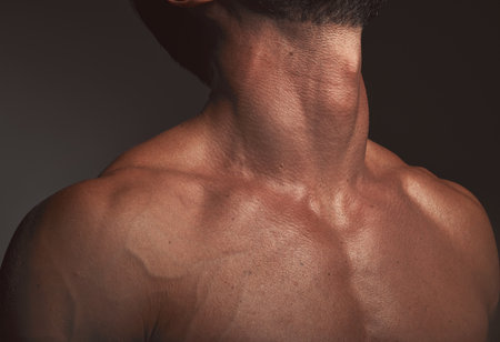 Man, body or neck muscles on dark studio background and exercise aesthetic, workout goals or intense training progress. Zoom, skin or bodybuilder fitness model with blood veins or healthcare wellnessの写真素材